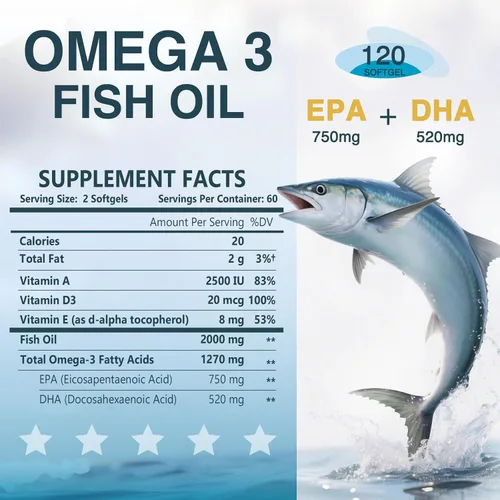 Vista 2 de Nature TARGET Aceite de pescado Omega 3 2000 mg con vitamina D3, A, E, 120 cápsulas blandas