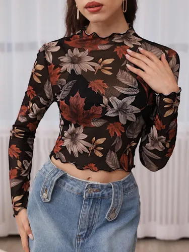 Vista 5 de Verdusa Blusa de malla con estampado floral y cuello alto falso para mujer