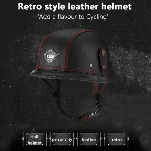Vista 2 de Casco abierto de motocicleta eléctrica retro, medio casco de verano estilo alemán, casco de cuero vintage, casco de calavera de cuero vintage