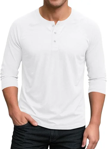 Vista 18 de Ctreela Camiseta Henley de manga 3/4 para hombre, estilo casual, ajustada, color sólido, manga larga, camiseta de béisbol
