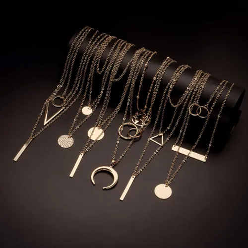 Vista 2 de Biokia 6 collares en capas para mujer collares largos de oro gargantilla mapa moneda luna creciente collar con colgante en Y multicapa