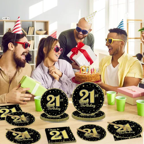 Vista 5 de 200 piezas de suministros para fiesta de cumpleaños de 21 años, platos de papel negro dorado, Brindis por 21 años, platos de papel y servilletas