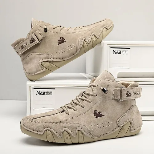 Vista 6 de JishinGal Botines Chukka casuales de gamuza con cordones para hombre, botas altas hechas a mano, zapatos deportivos para caminar al aire libre, sin