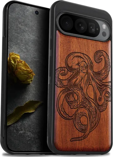 Vista 10 de Carveit Funda de madera para Pixel 9 Pro [madera natural y TPU suave negro] a prueba de golpes, funda de madera única compatible con Google Pixel 9