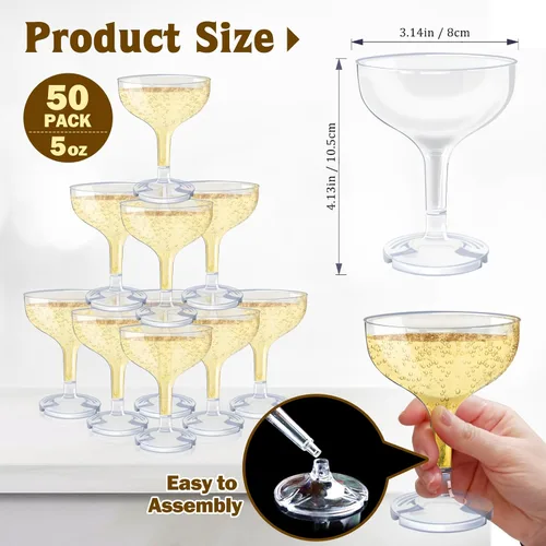 Vista 2 de 50 Copas de Champán de Plástico para Fiestas, Copas de Champán Desechables de 5 onzas, Vasos de Martini Acrílicos Irrompibles (Transparente)