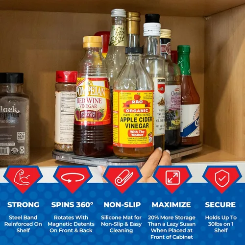 Vista 4 de Mighty Susan Sidekick Organizador Giratorio de Gabinete Reforzado con Acero - Plataforma Giratoria Rectangular para Botellas Altas y Almacenamiento