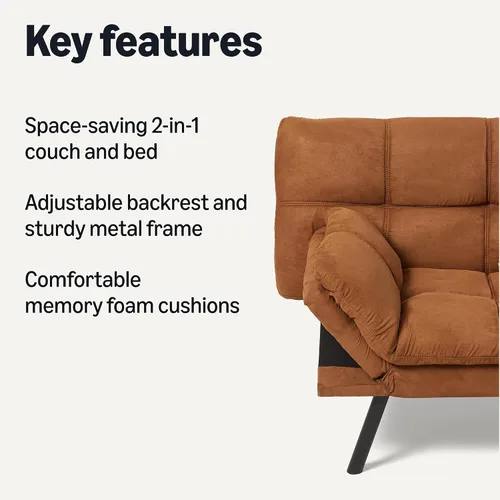 Vista 3 de Amazon Basics Sofá biplaza marrón, sofá convertible de espuma viscoelástica, sofá cama moderno para sala de estar pequeña y compacta, oficina