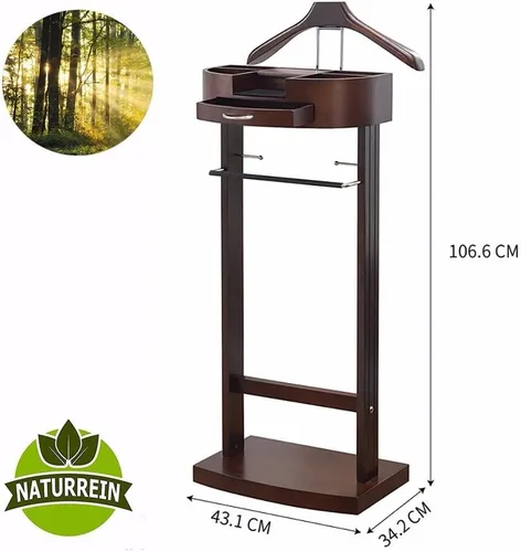 Vista 3 de Soporte de valet de madera para trajes, soporte de valet de madera, perchero de pie para ropa de pie con colgador de ropa y riel para pantalones
