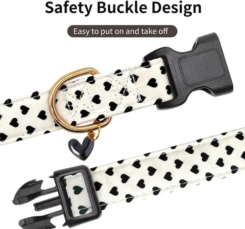 Vista 3 de Collar de perro de algodón, collares suaves y lindos para cachorros con diseño de corazones estampados para perros hembra y macho, collar ajustable