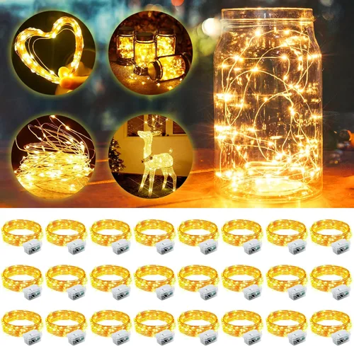 Vista 56 de Aogist Paquete de 24 luces de hadas, 3 modos, 2,1 metros, 20 luces LED, impermeables, cable plateado, funcionan con pilas, mini luces de alambre