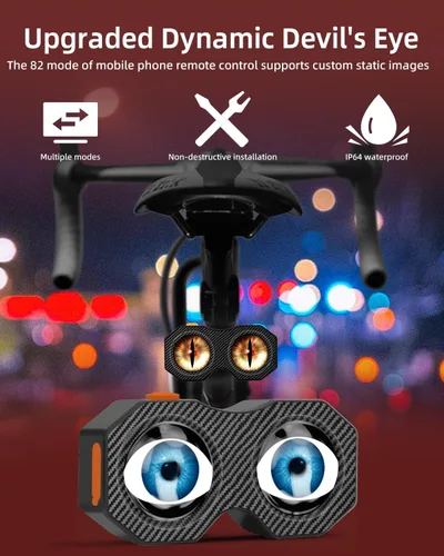 Vista 2 de Luz trasera de bicicleta de Demon Eyes mejorada 2026, luz trasera LED inteligente impermeable con 82 preajustes, ojos programables, luz trasera