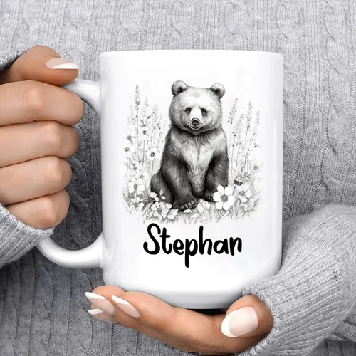 Vista 6 de Taza de café con nombre personalizado de oso de 11 y 15 onzas, taza de cerámica blanca con dibujo a lápiz de oso personalizado, regalo para niños