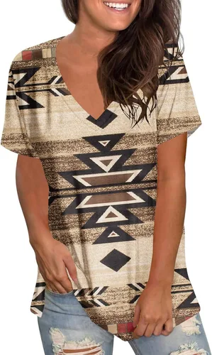 Vista 2 de Camisetas de verano para mujer, con estampado geométrico, cuello en V, elegantes, casuales, holgadas, de manga corta