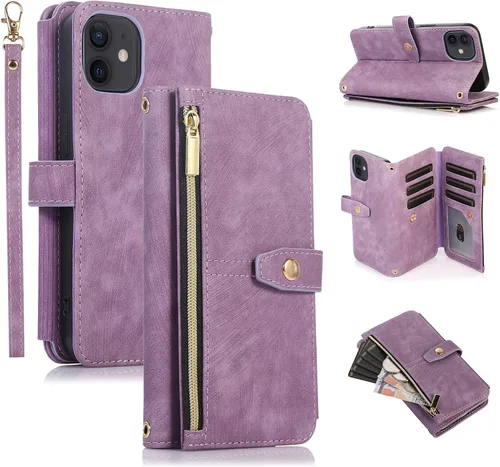 Vista 12 de UEEBAI Funda tipo cartera para iPhone 11 de 6.1 pulgadas, 9 ranuras para tarjetas retro con bolsillo con cremallera, cierre magnético, función atril
