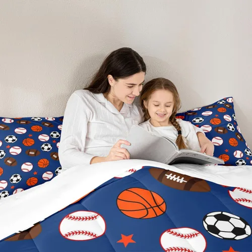 Vista 2 de Homewish Juego de edredón de juegos deportivos de pelota, tamaño twin, juego de ropa de cama de béisbol y baloncesto, 2 piezas para niños