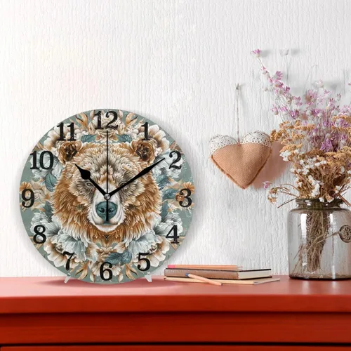 Vista 2 de Reloj redondo de pared de 10 pulgadas, sin tictac, oso marrón bohemio, flores retro para interiores para baño, baño, oficina, reloj para cocina