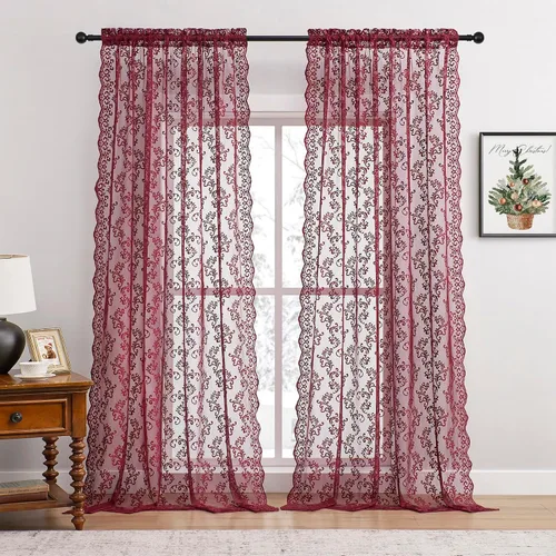 Vista 18 de Cortinas de encaje floral victoriano transparentes - 45 pulgadas de largo, 2 paneles, bolsillo para barra de cocina estilo cafetería, filtro de luz