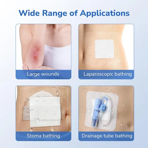 Vista 6 de Funda de ducha para ostomía, 50 unidades, protector de ducha impermeable, 8 x 8 pulgadas Large Size Waterproof Shower Guard, Non-Adhesive Center