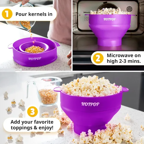 Vista 2 de The Orginal HOTPOP - Máquina para hacer palomitas de maíz de silicona, para microondas con asas, cuenco plegable, resistente al calor, fácil