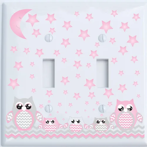 Vista 2 de Cubiertas de placa de interruptor de luz de búho gris y rosa doble rocker y cubiertas de tomacorrientes/decoración de guardería de búho