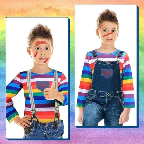 Vista 5 de Disfraz de Chucky de Halloween para niños, camisa de rayas de arco iris, calcomanías de cuchillo falso, calcomanía de buenos chicos para camiseta