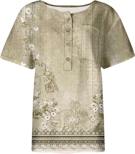 Vista 4 de Camisetas casuales Henley con botones para mujer, con bolsillo, manga corta, estampado geométrico, cuello en V, ropa de verano