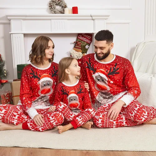 Vista 3 de Pijamas de Navidad a juego para la familia, lindos conjuntos de pijamas de manga larga para parejas, suaves y divertidos conjuntos de pijamas