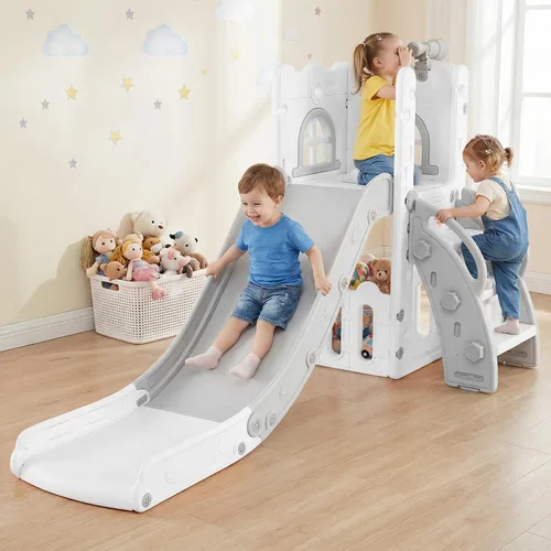 Vista 2 de OLAKIDS Tobogán para niños pequeños, 6 en 1 para interiores y exteriores, con aro de baloncesto, telescopio, almacenamiento de juguetes para niños