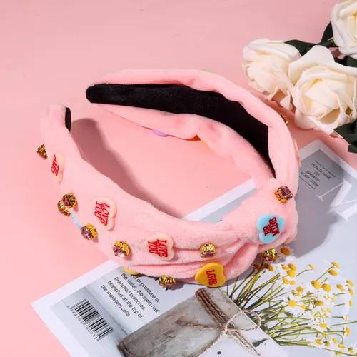 Vista 4 de Diadema rosa con joyas de caramelo de cristal para conversación diadema anudada con corazón banda ancha de terciopelo accesorios para el cabello