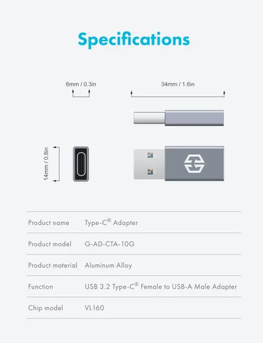 Vista 6 de GRAUGEAR Adaptador USB-C, transferencia de datos de doble cara de 10 Gbps, carga rápida de 3 A, adaptador USB C hembra a USB A macho 3.2, compatible