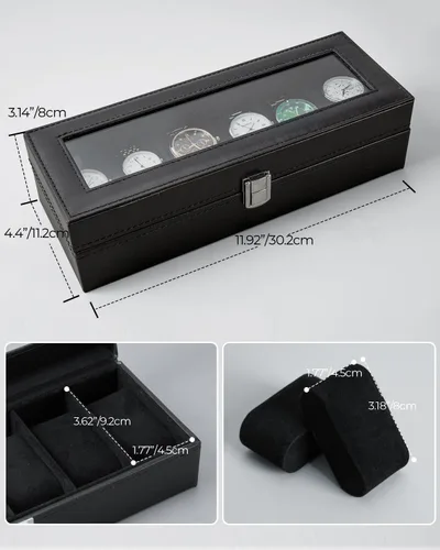 Vista 5 de Ohuhu Fundas de reloj para hombres, caja de reloj de piel sintética con 6 ranuras, tapa de cristal real, organizador de joyas, almacenamiento
