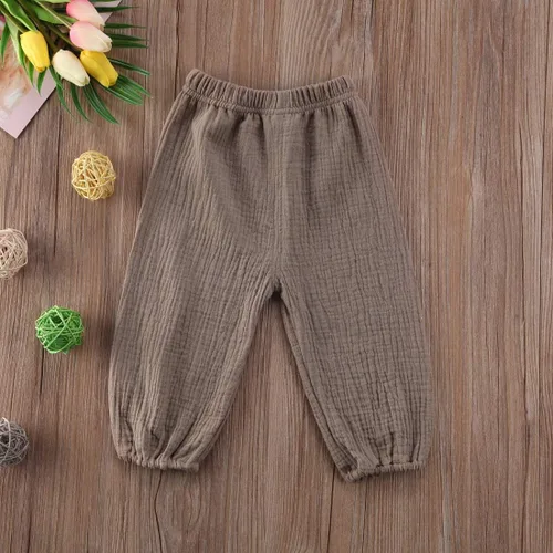 Vista 8 de Paquete de 3 pantalones de algodón y lino para bebés, niños y niñas, color liso, ropa básica para bebés