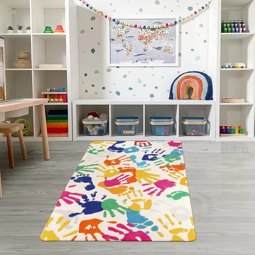 Vista 7 de STARUIA - Alfombra de huellas de manos y pies para niños para sala de juegos, alfombra de guardería lavable de 3 x 5 pies de colores para habitación