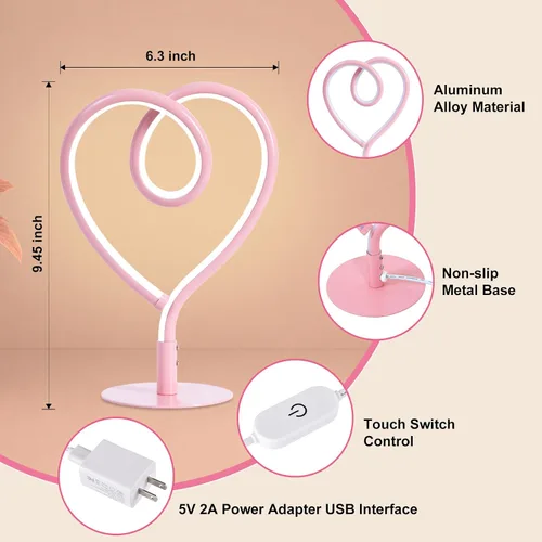 Vista 7 de Lámpara de Mesa Rosa, Lámpara de Escritorio Corazón Ajustable Sin Escalas 3CCT 2700K/4000K/6500K con Adaptador USB, Pequeña Lámpara de Noche
