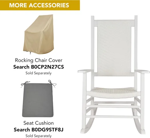 Vista 6 de Shine Company Hampton Mecedora de Porche, Silla Mecedora de Madera con Respaldo Alto, Respaldo y Asiento de Ratán, Blanco