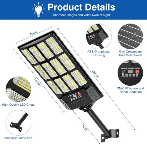 Vista 6 de Farolas solares impermeables para exteriores, 48000 lúmenes, luz de inundación gran angular de 320°, luz LED de estacionamiento solar con sensor