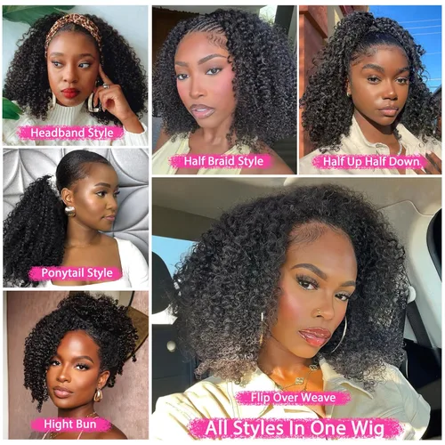 Vista 6 de Curly Half Wig Human Hair - 180% Density 3 in 1 Seamless Flip over Half Wig 14 Inch Glueless Wear Go Beginner Friendly Kinky Curly Wig Drawstring