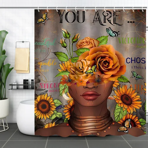 Vista 11 de Cortina de ducha de mujer africana, cortina de ducha de tela negra afroamericana, divertidas, citas inspiradoras, impermeable, decoración de baño