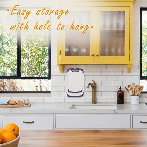 Vista 7 de Moss & Stone 2 tablas de cortar para cocina y cuchillo de chef, polipropileno y aptas para lavavajillas, 2 tablas de cortar con mango de agarre sin
