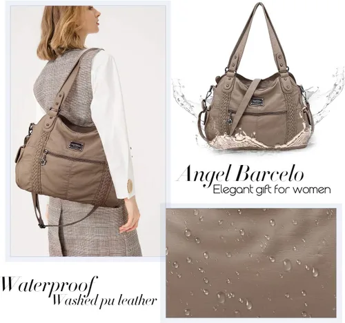 Vista 5 de Angel Barcelo - Bolsa de hombro amplia para mujer, diseño Hobo, cuero lavado