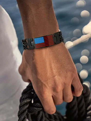Vista 9 de U7 Bracelets for Men American Flag Bracelets 4th of July Jewelry Leather Wristband Stainless Steel18K Gold PlatedBlack Cuban Link Chain Bracelets