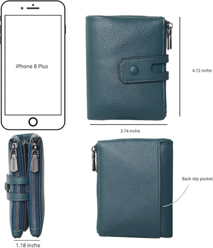 Vista 5 de Bveyzi Cartera pequeña de cuero suave para mujer, con bloqueo RFID, tarjetero con doble bolsillo con cremallera