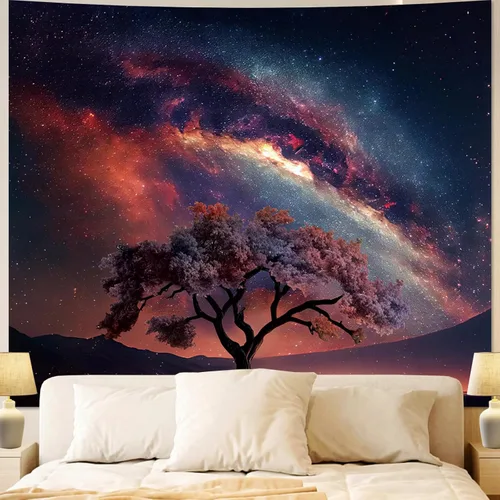 Vista 10 de Apdidl Tapiz estrellado de galaxia forestal para techo de dormitorio, espacio azul, cielo estrellado, luna, estrellas, tapiz estético, telón
