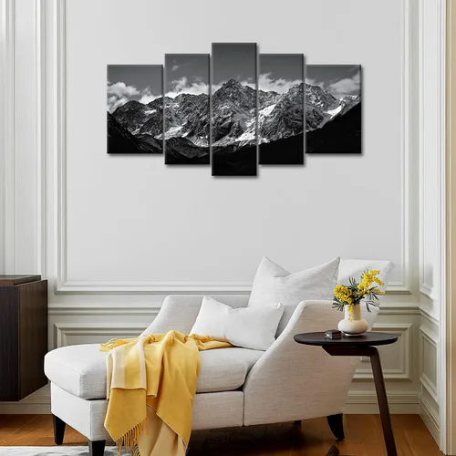 Vista 5 de Lienzo decorativo para pared, diseño de montaña en blanco y negro, paisaje de montaña, 5 piezas, impresiones sobre lienzo, arte moderno con marco