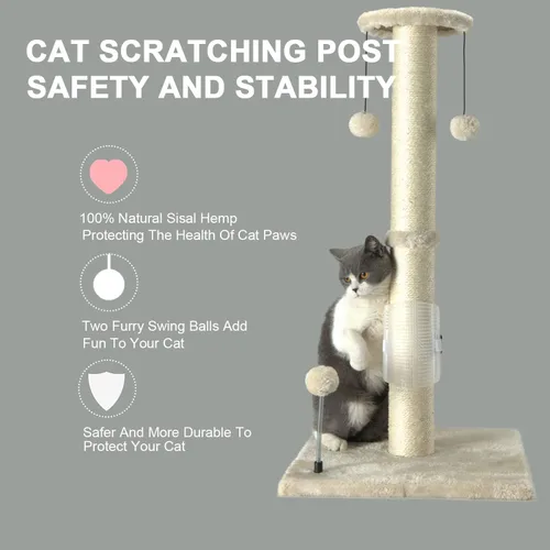 Vista 5 de PEEKAB Poste rascador para gatos de 32 pulgadas de alto, postes rascadores de cuerda de sisal con bola colgante y cepillo de auto-masaje, rascador