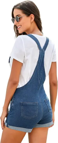 Vista 7 de Vetinee - Overol corto clásico de mezclilla con tirantes ajustables para mujer, con dobladillo con puño