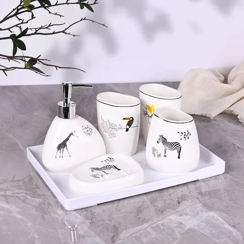 Vista 6 de Juego de accesorios de baño blancos, decoración moderna de baño de encimera, juego de accesorios de baño de lujo de 6 piezas, completo con Animal