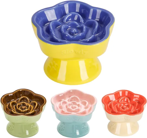 Vista 11 de S&Q's CERAMICS Cuenco elevado de alimentación lenta para gatos, cuenco elevado de cerámica para comida para mascotas para perros pequeños, comedero