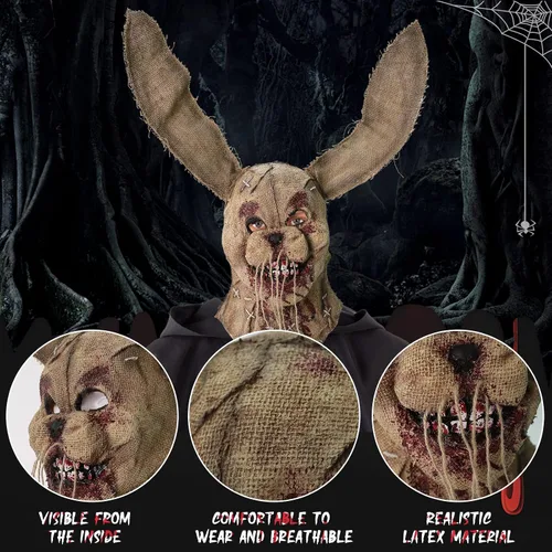 Vista 4 de Máscara de conejo de espantapájaros, máscara de saco de arpillera de conejo aterrador, máscara de payaso diablo de Halloween, casco de látex