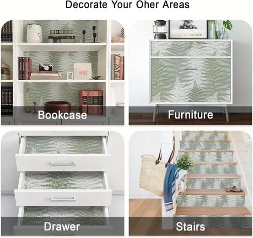 Vista 7 de JiffDiff Papel tapiz autoadhesivo con textura de helechos botánicos de 17.73 x 118.1 pulgadas, papel de pared temporal autoadhesivo para baño